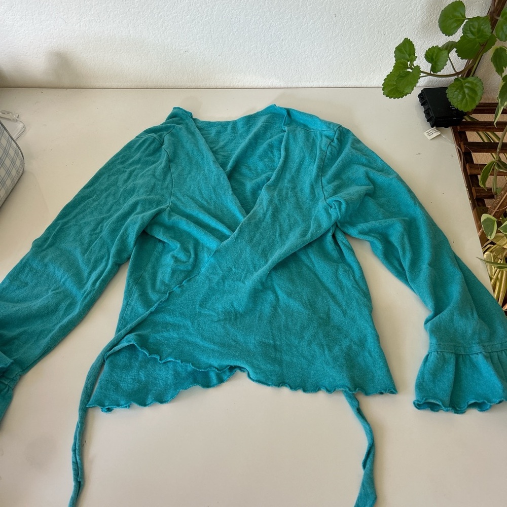 Vintage Teal Wrap Top with Ruffled Sleeves